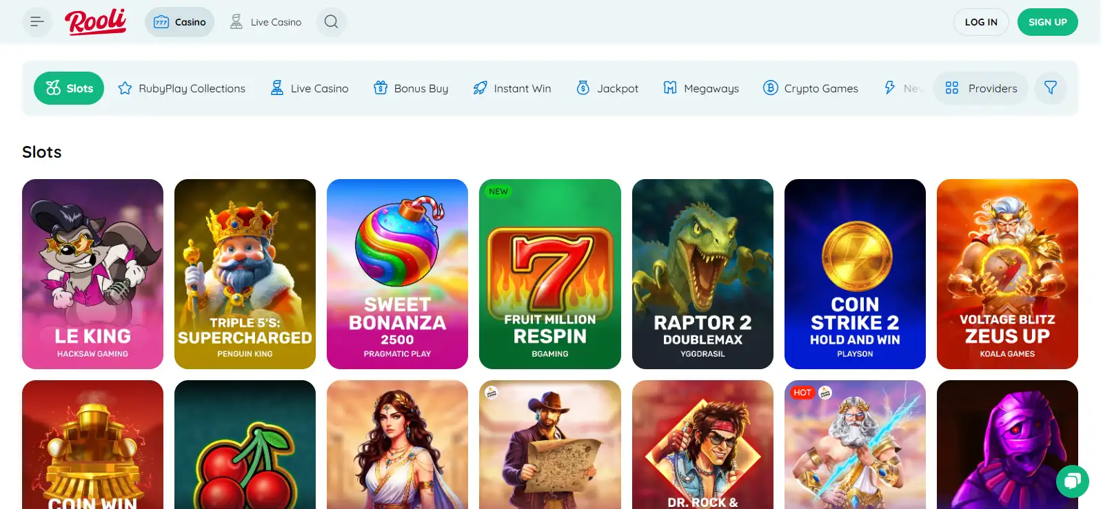 Current Rooli slots section showing pokie-style game tiles