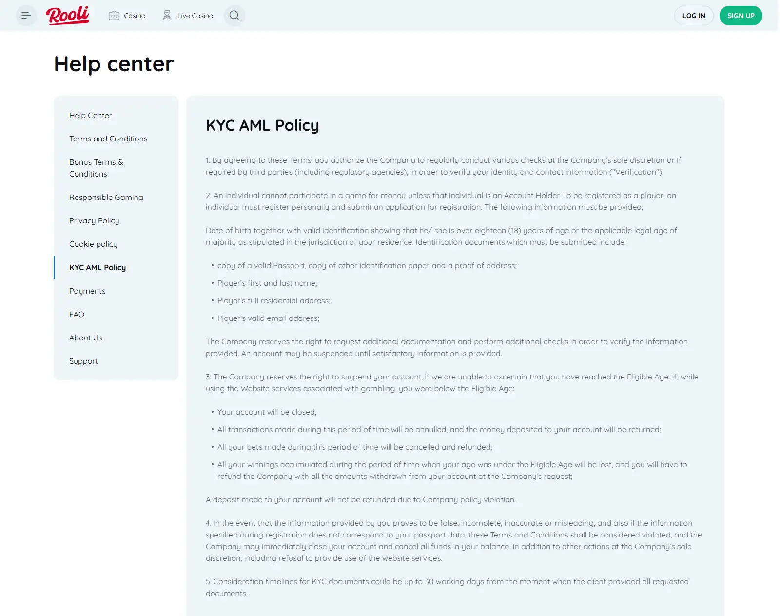 Official Rooli KYC and AML policy showing verification requirements