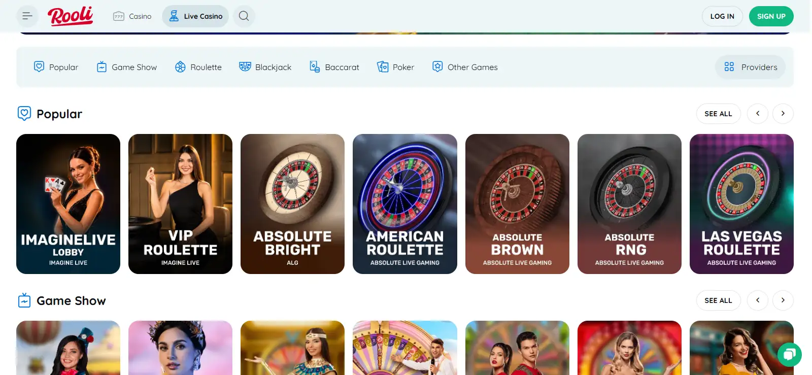 Official Rooli live casino page with category and provider navigation
