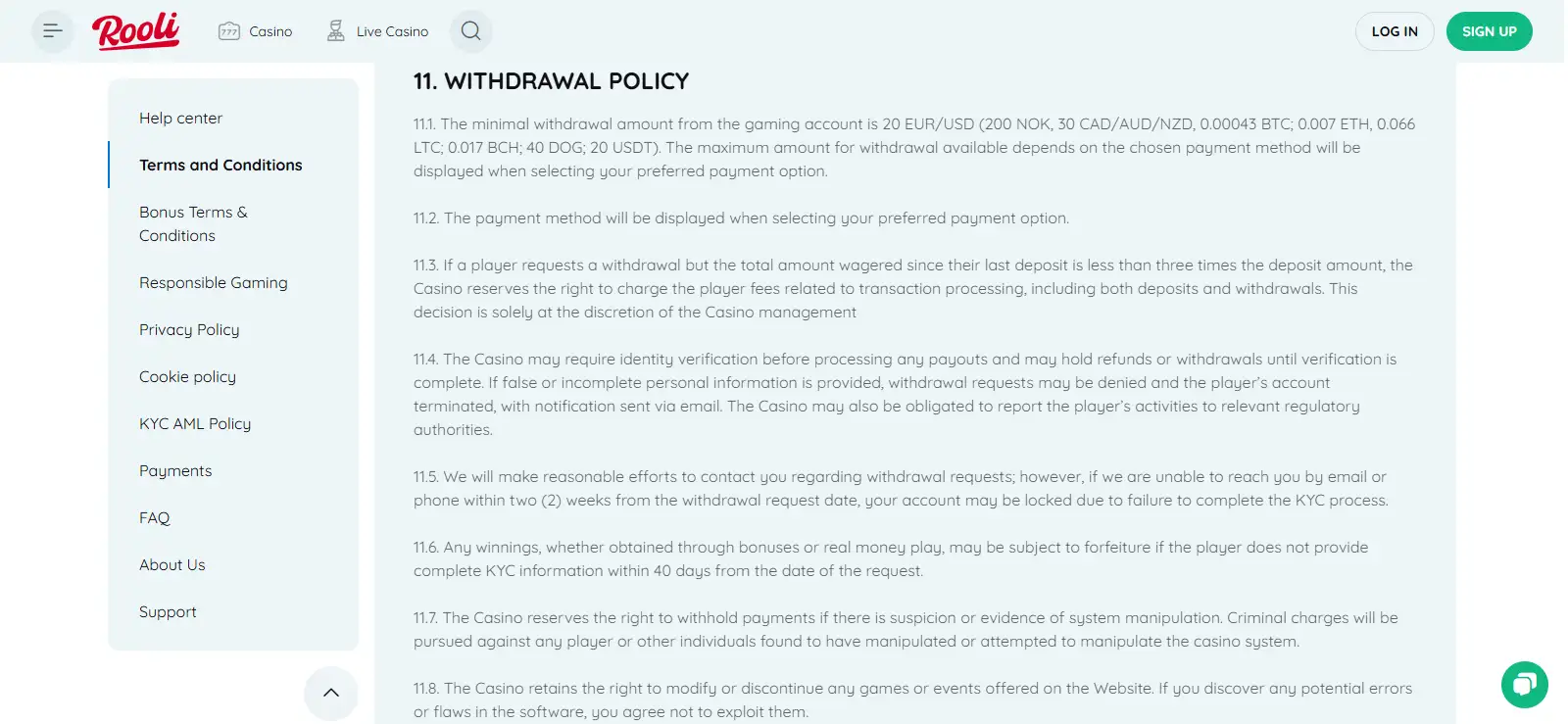 Official Rooli terms section covering withdrawals and AUD limits