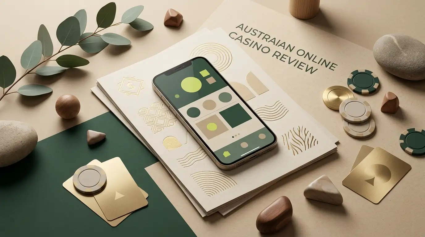 Illustration of mobile casino browsing, Australian dollar motifs and generic gaming elements