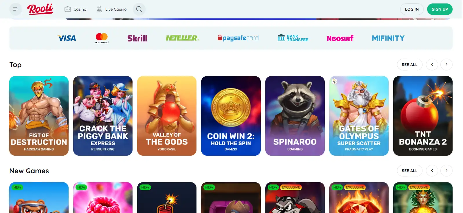 Current Rooli casino lobby or homepage showing the real interface
