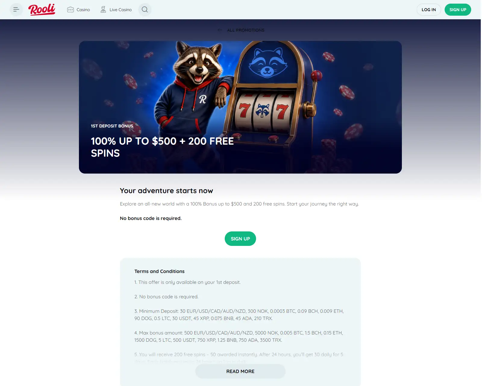 Official Rooli first-deposit promotion showing the current offer and terms